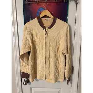Hanes Quilties Mens XL Beige Quilted Bomber Jacket Ribbed Collar Cuffs Full Zip